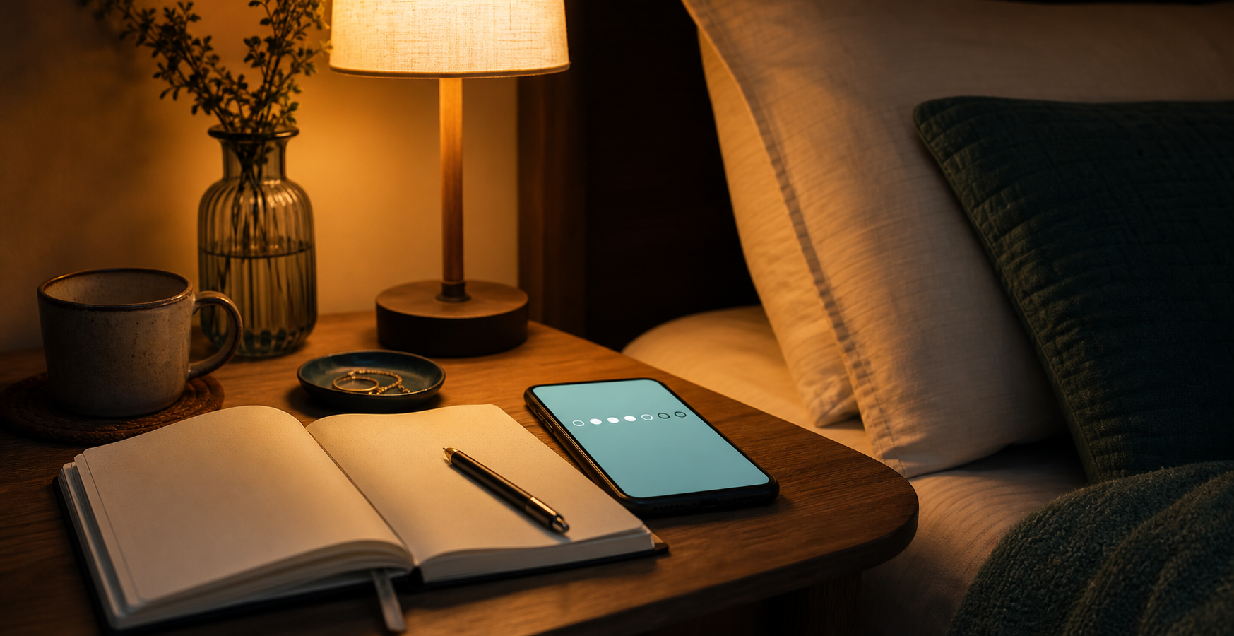 A cozy desk at night with a notebook and phone ready for a private check-in